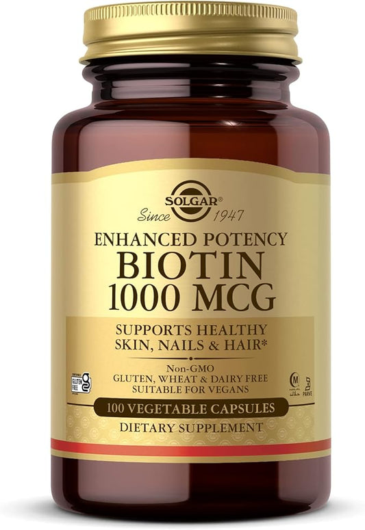 Solgar Biotin 1000 mcg - 100 Vegetable Capsules - Supports Healthy Skin, Nails & Hair - Non-GMO, Vegan, Gluten Free, Dairy Free, Kosher, Halal - 100 Servings