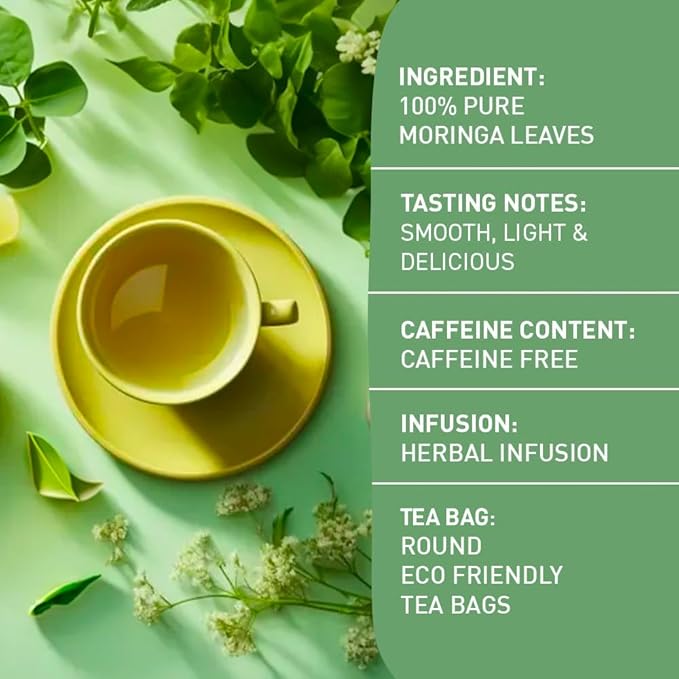 HANDPICK, Organic Moringa Tea Bags (100 Count) Non-GMO, Caffeine Free, Pure Moringa Leaves | Sweet and Light Herbal Tea Bags, Round Eco-conscious Teabags