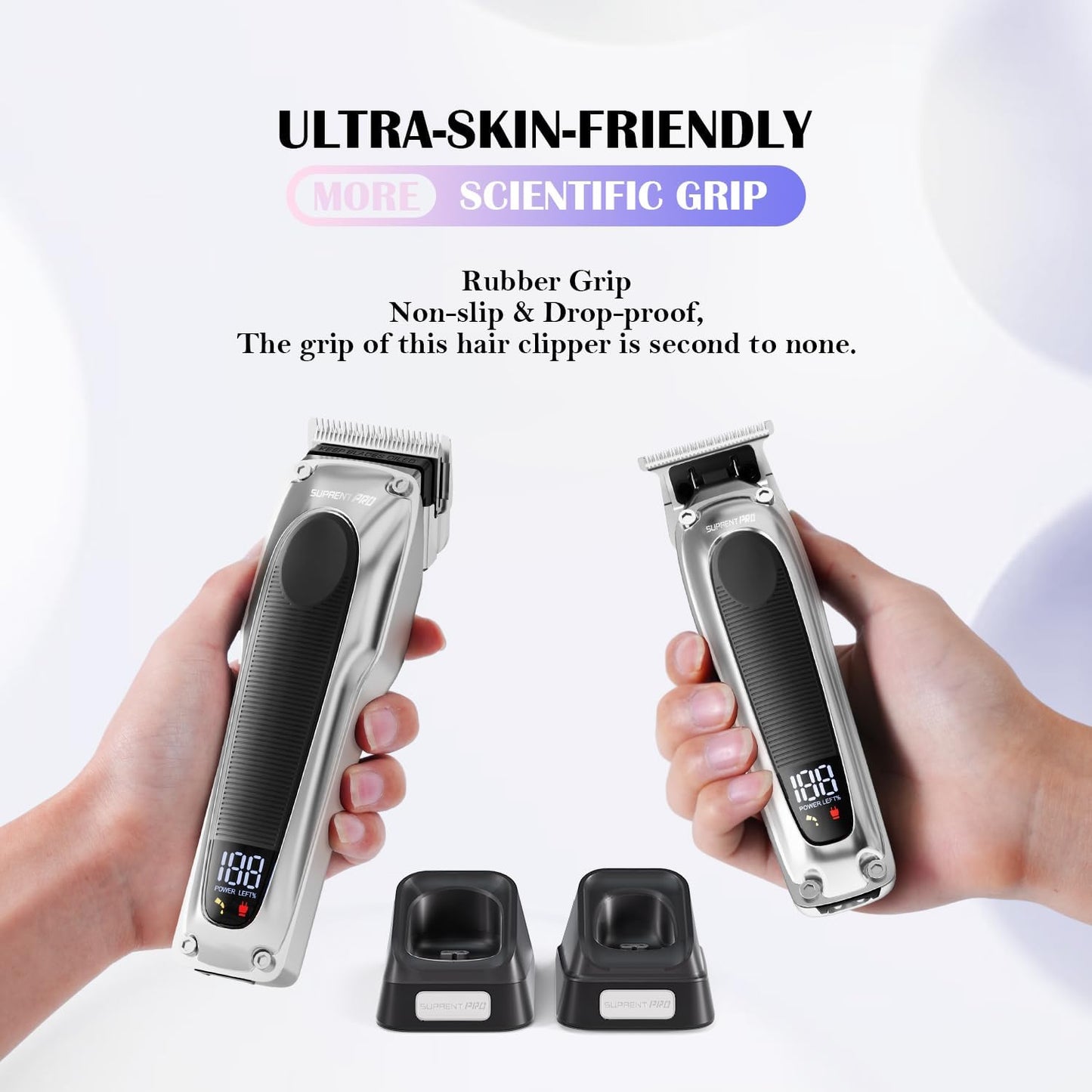 SUPRENT PRO Professional Hair Clippers for Men - High Torque Brushless Motor & Detachable Blade - Cordless Hair Trimmer Set for Barbers with Charging Base - Premium Hair Clipper Kit - Silver