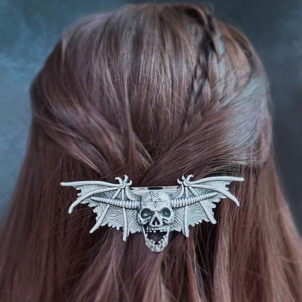 2PCS Gothic Skull Bat Hair Clip with Pentagram – Witch Hair Accessories, Spooky Goth Hair Clips for Women, Halloween Skull Hair Accessories, Witchy Gifts