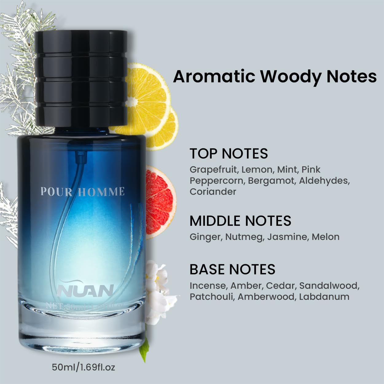 Aromatic Woody Citrus Cologne for Men, Grapefruit and Cedar Notes, 1.69 fl oz