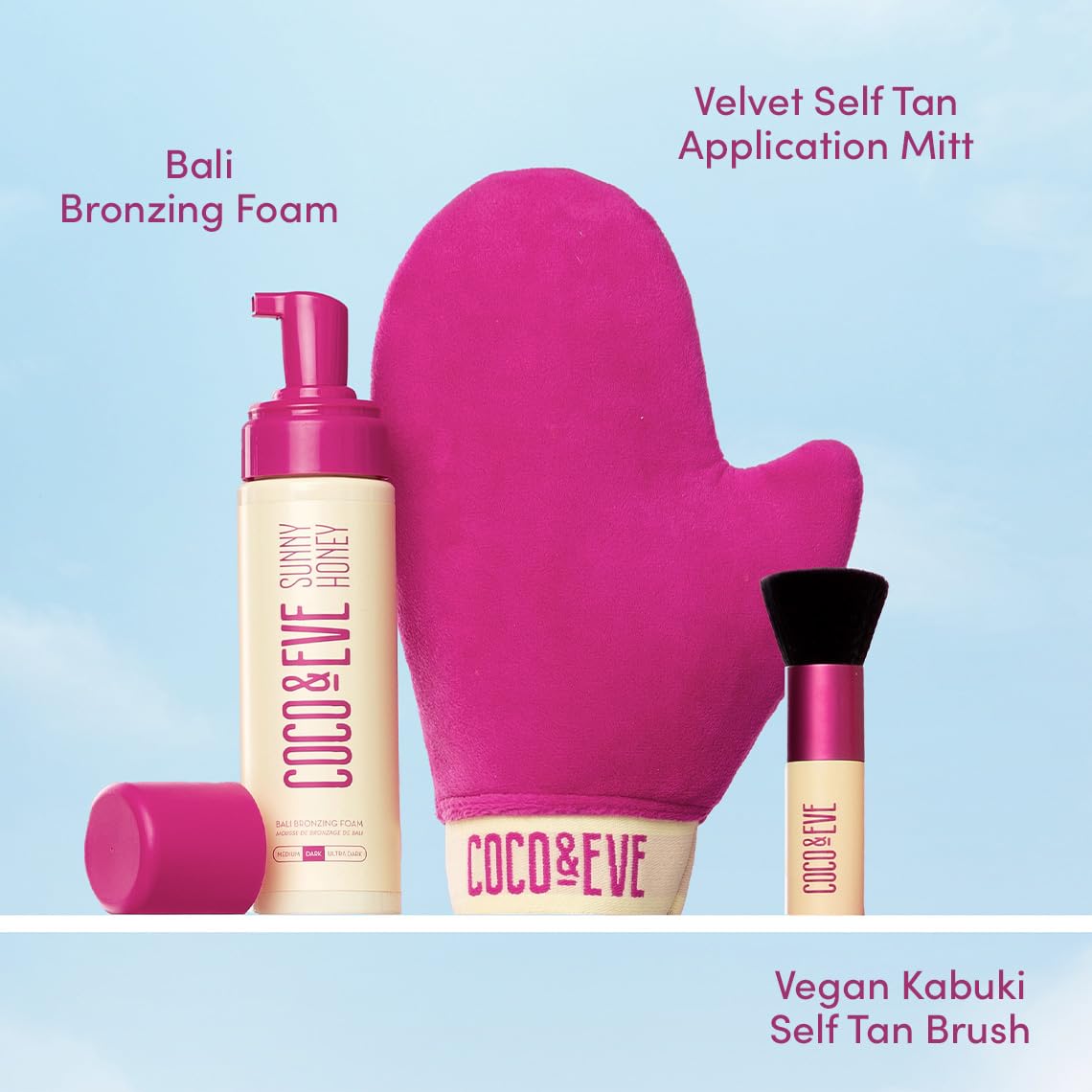 Coco & Eve Sunny Honey Bali Bronzing Bundle (Medium). All Natural Sunless Tanning Mousse. Instant Self Tanning Lotion with Bronzer, Mitt Applicator and Kabuki Brush.