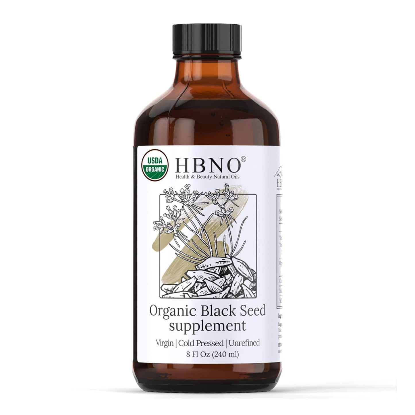 HBNO Organic Black Seed Oil - Huge 8oz (240ml) Glass Bottle Value Size - USDA Certified Organic Black Seed Oil, Cold Pressed for Face, Body, Lips, Shampoo & Conditioner