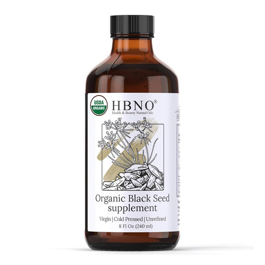 HBNO Organic Black Seed Oil - Huge 8oz (240ml) Glass Bottle Value Size - USDA Certified Organic Black Seed Oil, Cold Pressed for Face, Body, Lips, Shampoo & Conditioner