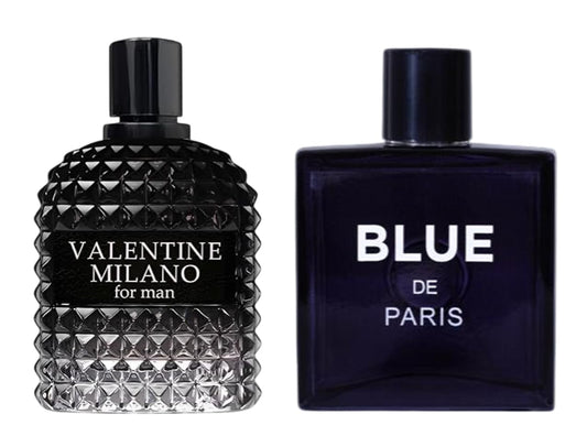 VALENTINE MILANO & BLUE De PARIS Cologne for Men Combo Pack Eau de Parfum Fragrance for Men 3.4oz/100ml, Natural Spray, Long Lasting (Pack of 2)