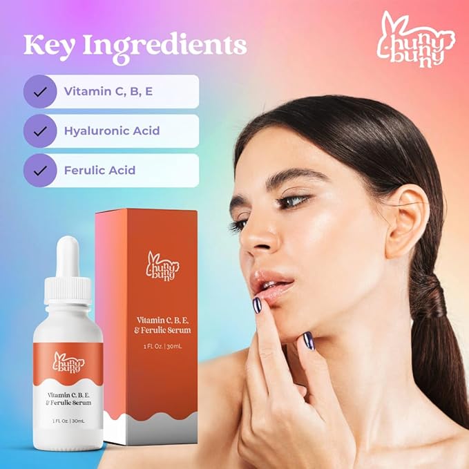 Hunny Bunny Vitamin C B E - Frangrance Free - Hyaluronic Acid - Ferulic Acid Serum, Better Skin Hydration, Anti Aging, Anti Wrinkles - Dark Spot Enhancer, Antioxidant Serum, (1 Fl Oz) - Made in USA