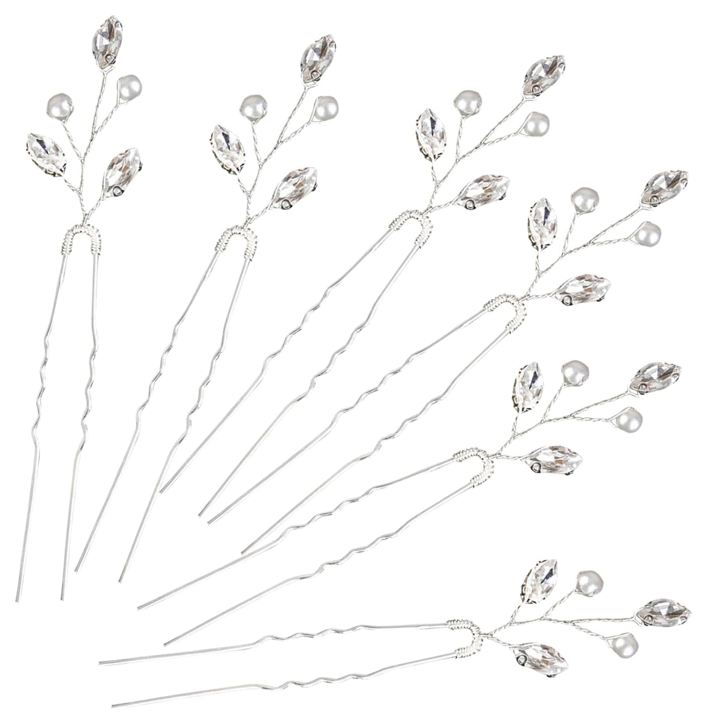 6PCS Silver Hair Pins with Pearls and Crystals for Women and Girls. U Shaped Rhinestone hair accessories for Daily Use or Various Parties. Wedding Hair Clips for Bridal, Bridesmaids and Flower Girls
