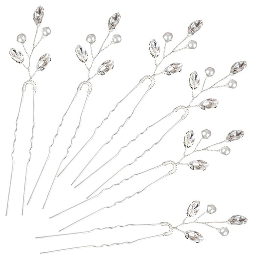6PCS Silver Hair Pins with Pearls and Crystals for Women and Girls. U Shaped Rhinestone hair accessories for Daily Use or Various Parties. Wedding Hair Clips for Bridal, Bridesmaids and Flower Girls