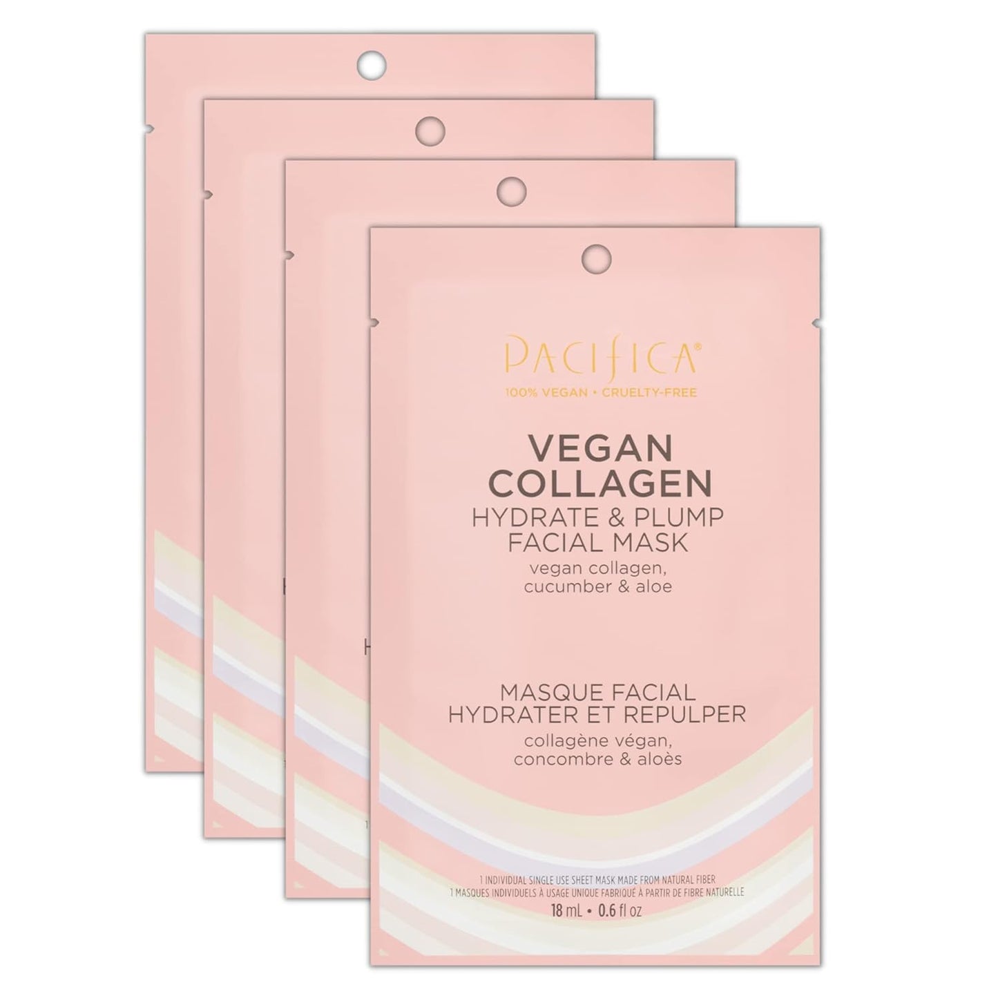 Pacifica Vegan Collagen Hydrate & Plump Face Mask 4-Pack – Hydrating & Plumping Peptide-Infused Sheet Mask for Dewy Skin, with Vegan Collagen, Cucumber & Aloe, Clean Beauty Skincare