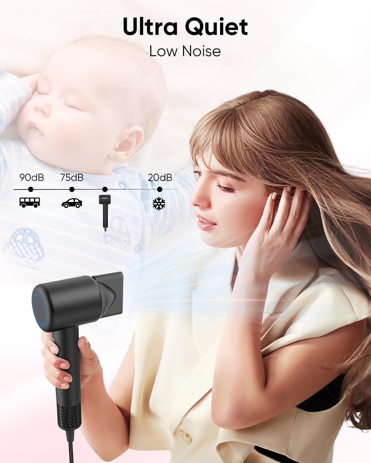 Hair Dryer, High-Speed Ionic Low Noise Blow Dryer with Brushless Motor for Fast Drying, Thermo-Control Quiet Compact Hair Blow Dryer with Magnetic Diffuser for Curly Hair for Home Travel Salon