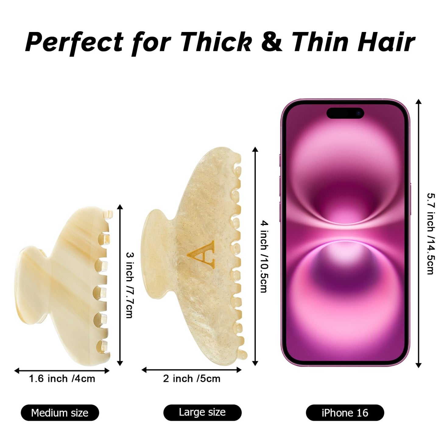 MAORULU 4 Inch Letter A Acrylic Hair Claw Clip for Women, Large Cute Marble Beige Glitter Alphabet Jaw Clips for Thick or Thin Hair, French Style Strong Hold Monogram Hair Accessories