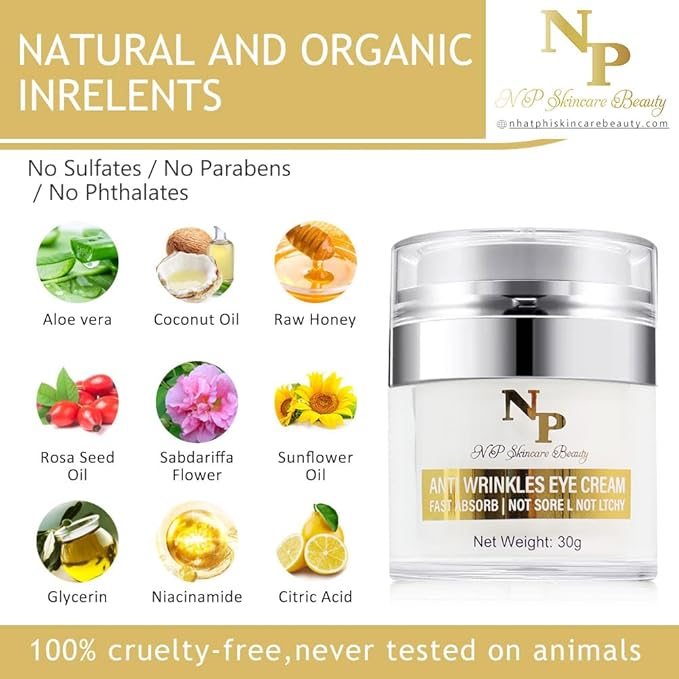 Anti-Wrinkles Eye Cream - Fast Absorbing, Natural Ingredients for Dark Circles, Puffy Eyes, and Wrinkle Reduction, 30 grams