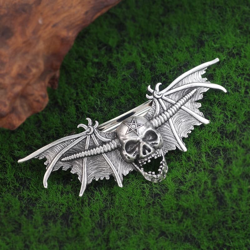 2PCS Gothic Skull Bat Hair Clip with Pentagram – Witch Hair Accessories, Spooky Goth Hair Clips for Women, Halloween Skull Hair Accessories, Witchy Gifts