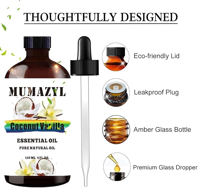 Coconut Vanilla Essential Oil, Coconut Vanilla Oil 4 Fl Oz 120ML for Diffuser Humidifier Yoga Cleaning DIY Candle Soap Making Essential Oils
