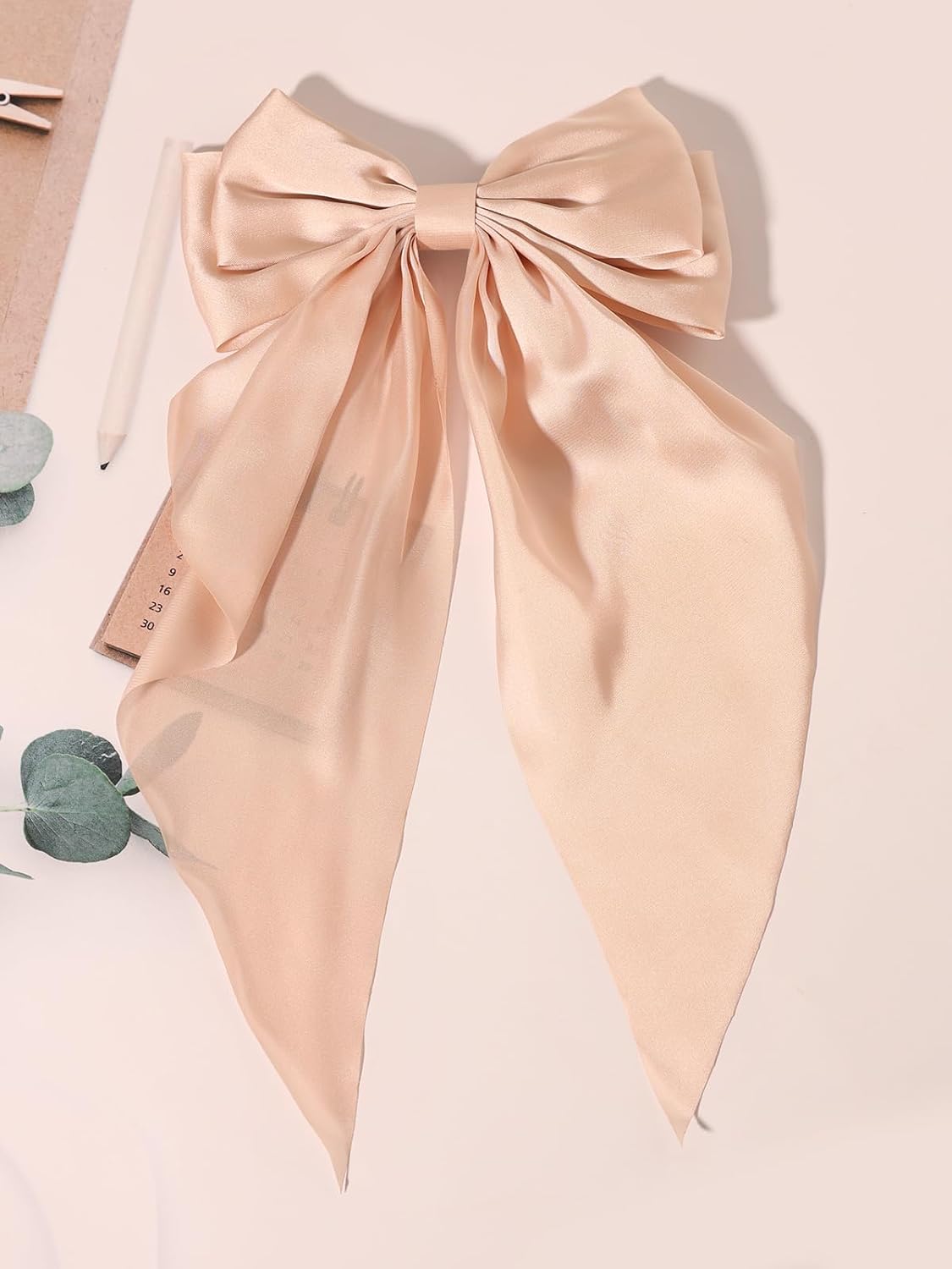 Hair Bows for Women Girls - Furling Pompoms 3pcs Big Bow Hair Clips Ribbon Hair Bow Ponytail Accessories, Holiday Party Back to School (White/Beige/Apricot)