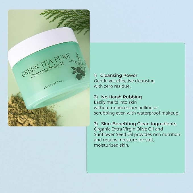 YADAH Green Tea Cleansing Balm II (0.84fl oz) - Makeup Remover, Moisturizing, Residue-Free. Korean Skin Care. Vegan, For Sensitive Skin, Botanical oil extract.