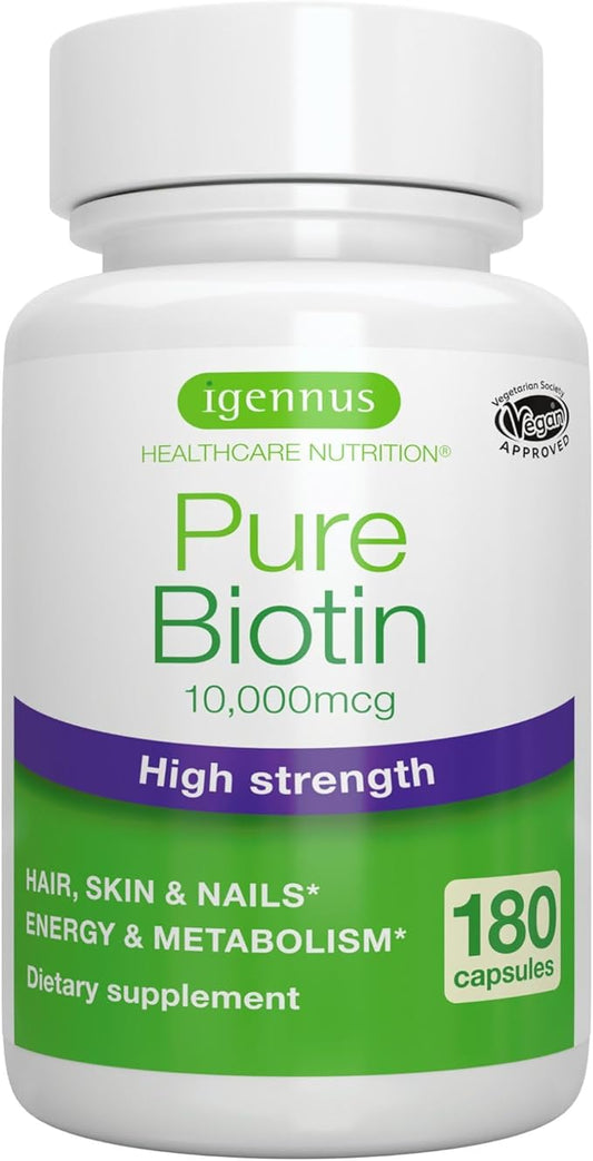 Igennus Clean Biotin 10,000mcg, Extra Strength, 180 Small Easy to Swallow Capsules, Vitamin B7, Lab Verified, No After Taste or Smell, Hypoallergenic & Vegan, 1-a-Day