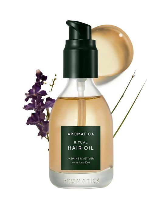 AROMATICA Ritual Jasmine & Vetiver Hair Oil - Adds Shine and Smooths Split Ends - Blow Out Hair Serum for Damaged & Frizzy Hair - Nourishing for Dry Curly Hair - Silicone-Free (1.6 fl oz)