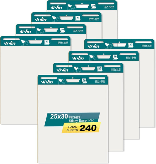 ViVin Super Sticky Easel Pad, 25 x 30 Inches Flip Chart Paper for Teachers, Large Self Stick Easel Paper, Teacher Anchor Chart, 30 Sheets/Pad, 8 Pads/Pack