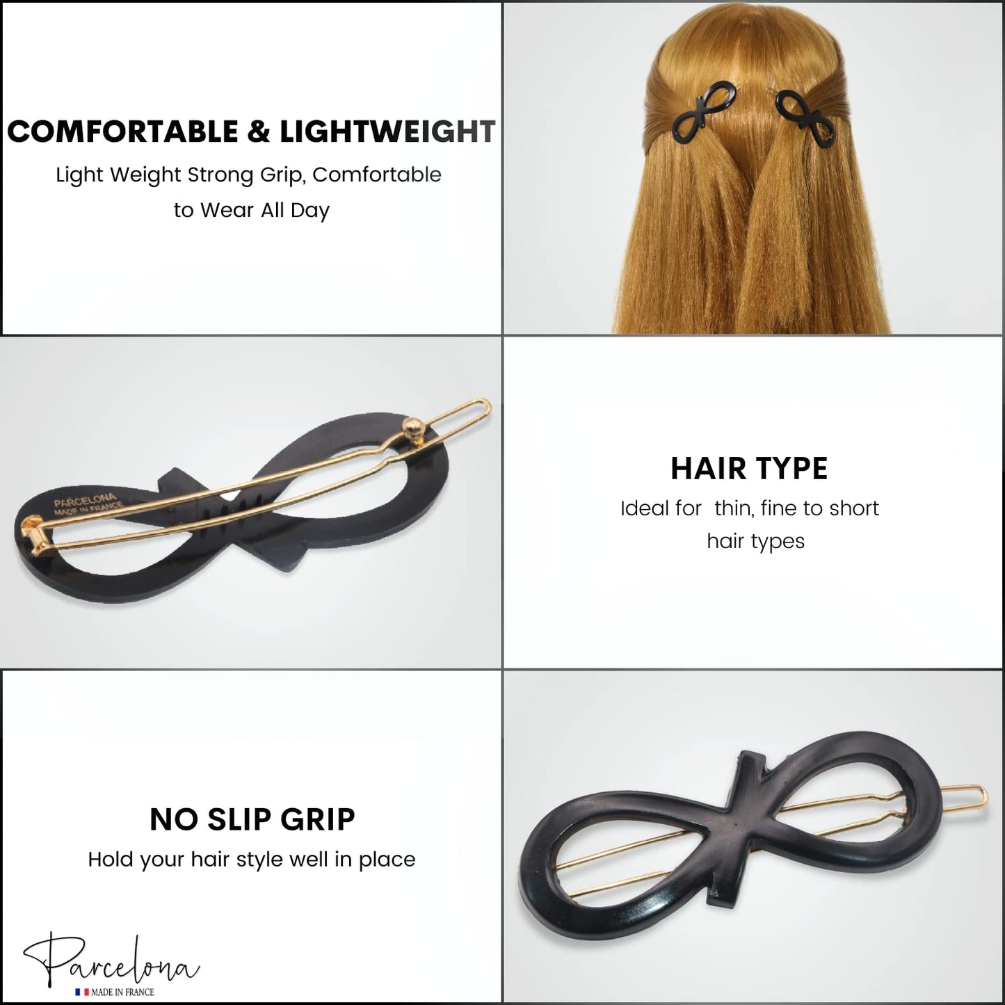 Parcelona -French Ribbon Knot Infinity 2 1/4" Small Celluloid Acetate Hair Clips with Closure Tige Boule Set of 2 Fashion Style Durable Non Slip Hair Accessories Pair