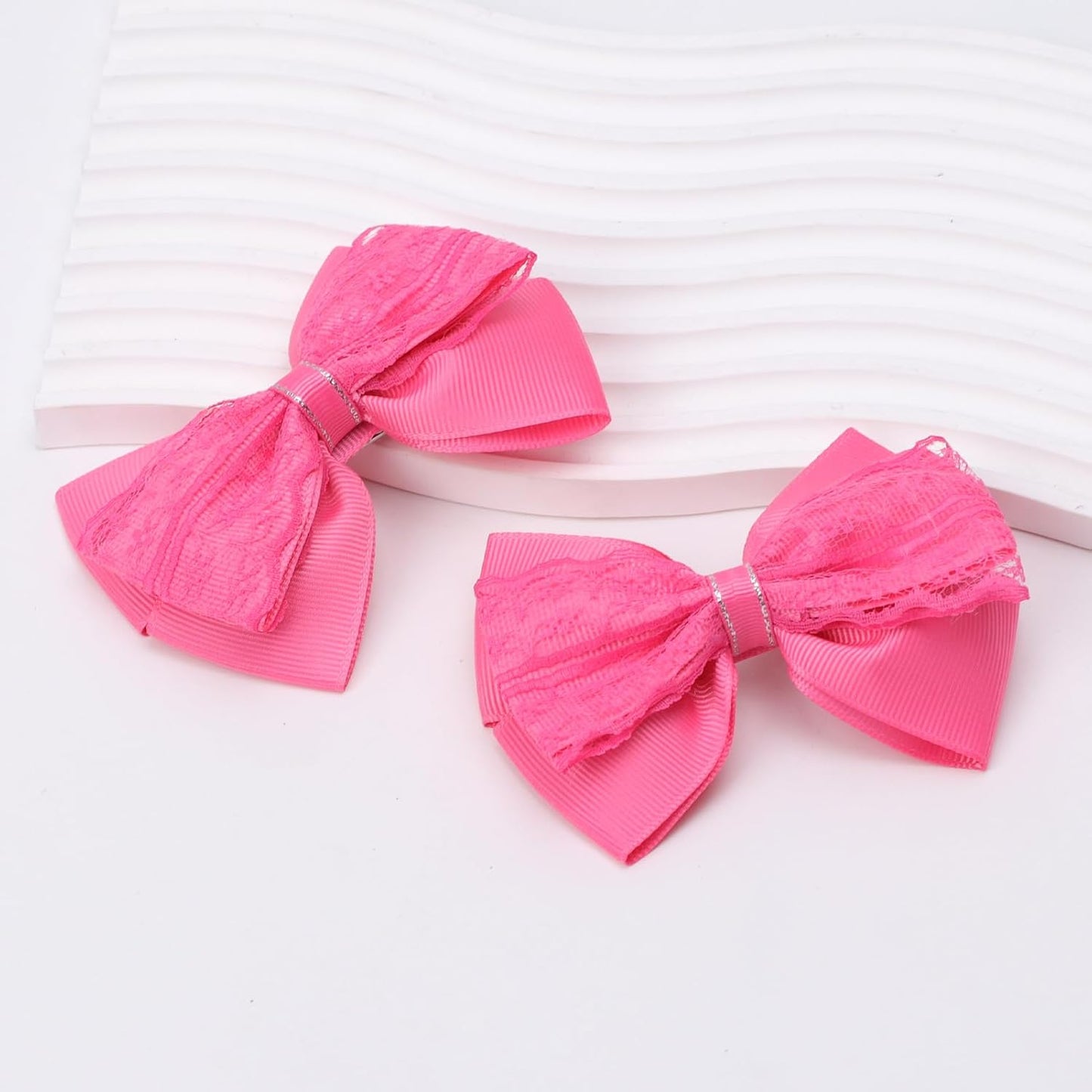 4-Inch Hair Bows Alligator Clips Delicate Lace Hair Accessories for Girls, Toddler, Kids and Women Daily Dress Up Birthday Wedding Christmas Occasions- Set of 2 (Hot Pink)
