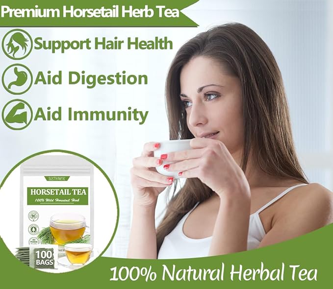 Premium 100 Horsetail Tea Bags, Made with 100% Wild Natural Horse Tail Herb, For Hair & Nail, No Additives & Caffeine Free-Cola De Caballo Hierba.