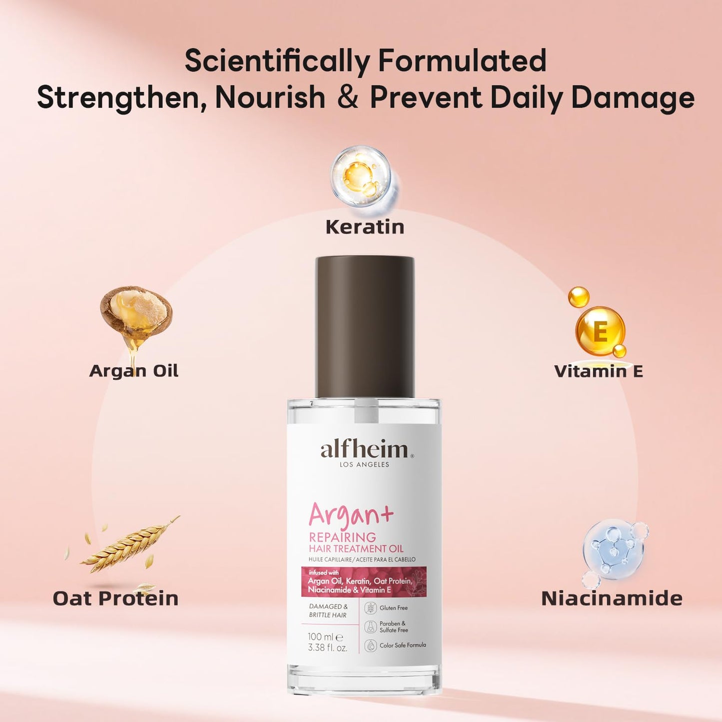 ALFHEIM Argan+ Repairing Hair Oil Serum for Dry, Damaged & Frizzy Hair with Argan Oil, Keratin, Panthenol & Vitamin E – Deep Nourishment, Smoothness & Shine – Non-Greasy, Sulfate Free – 3.38 oz
