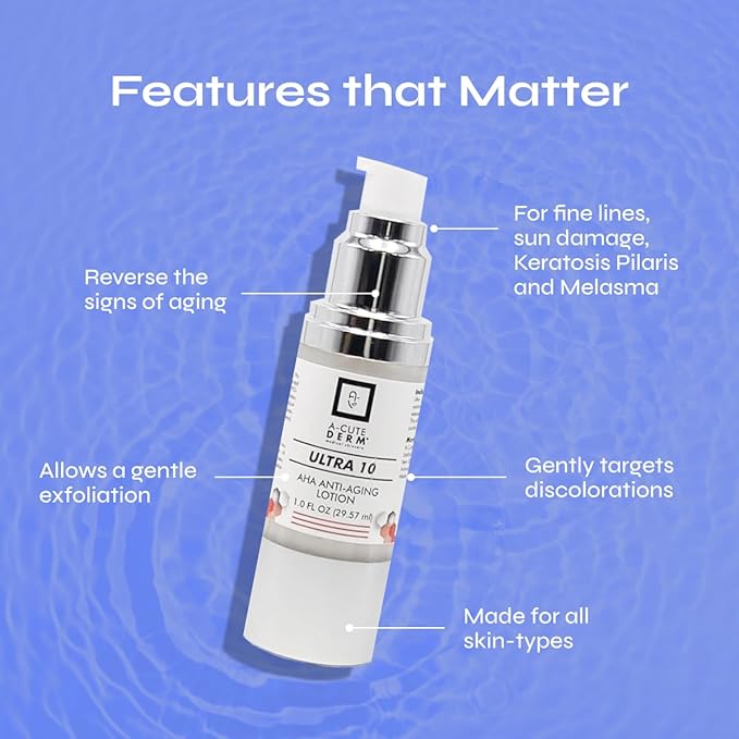 A-Cute Derm Ultra 10 AHA Anti-Aging Lotion for Exfoliation Simple and Effective for Face and Body (1 OZ)