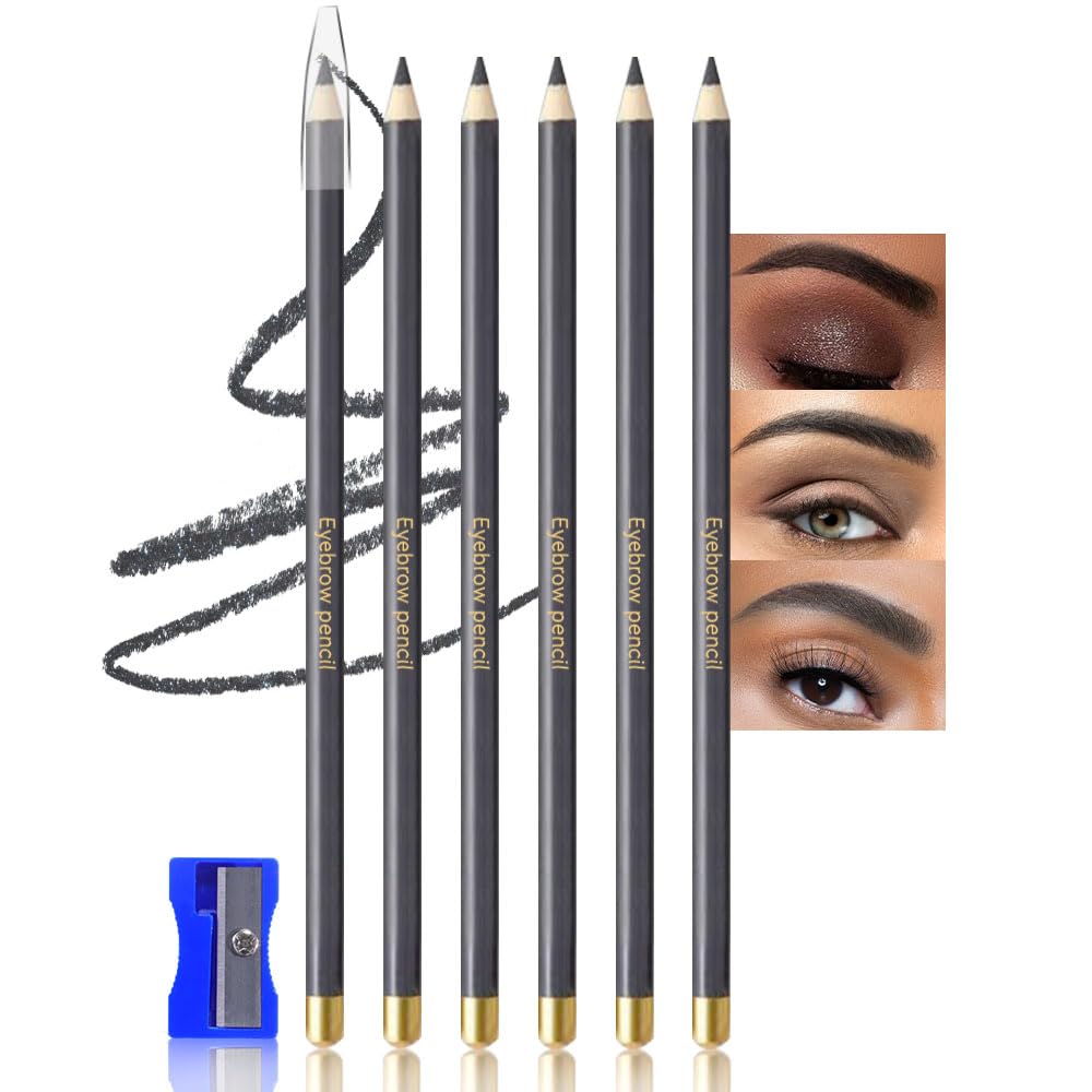 6Pcs Grey Eyebrow Pencils for Women,Wooden Hard-Core Eyebrow Eyeliner Pencil,Sharpener Included,Long Lasting Waterproof Sweat-proof Create a Natural Eye Brow Makeup,Beginner Brow Pencil,Cruelty-Free