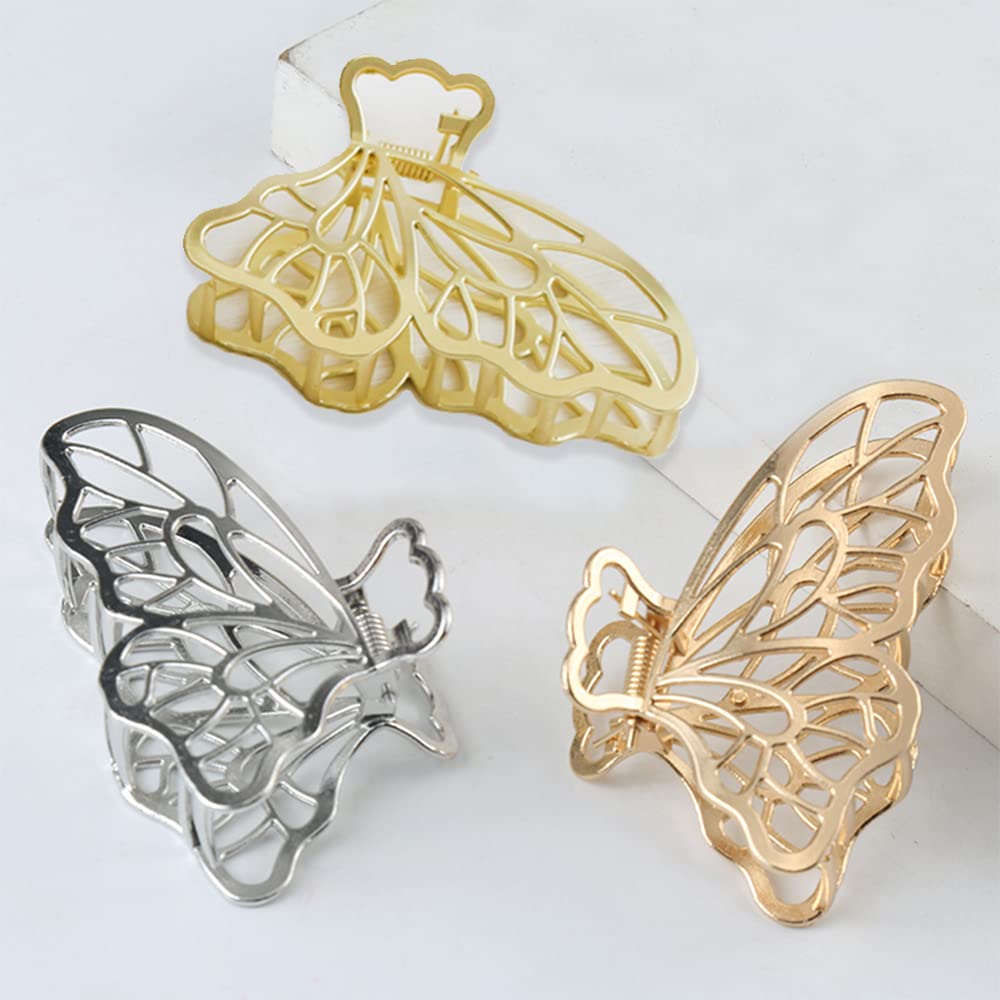 6 Packs Large Metal Hair Claw Clips, Butterfly Lady Thick Hair Catch Barrette, Non-slip Hair Jaw Clamp Clips Styling Fashion Accessories for Women Girls, Bright&Matte Gold&Silver