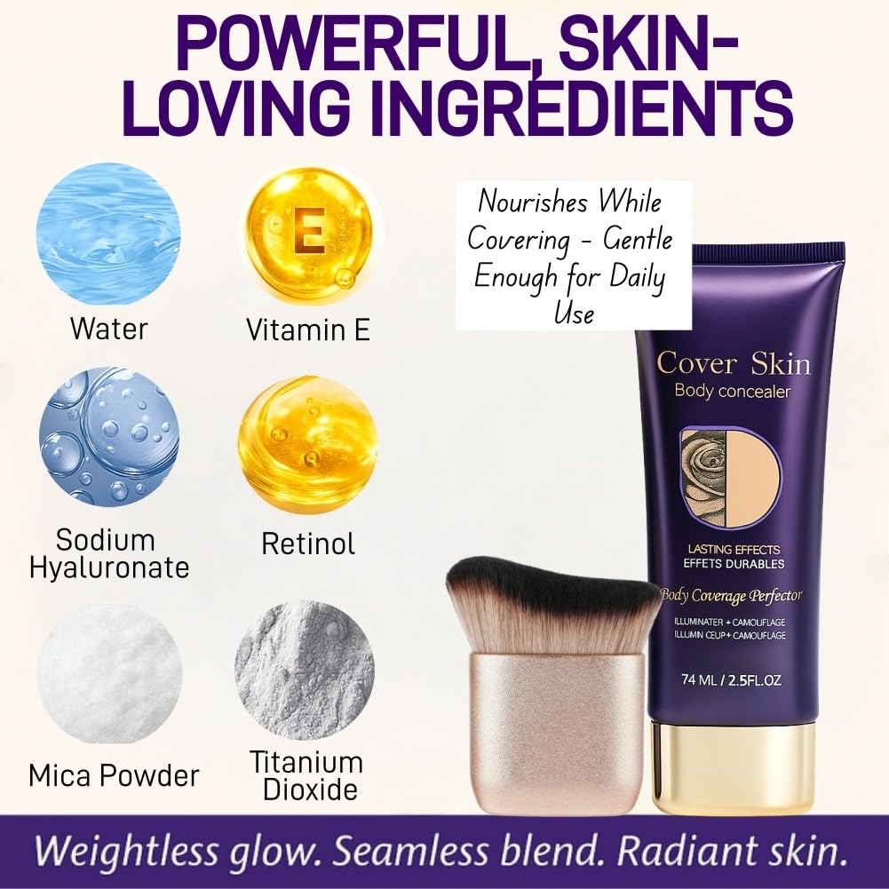 Waterproof Body Concealer with Brush – Waterproof Full Coverage Body Foundation for Scars, Stretch Marks & Tattoos – Streak-Free Leg & Arm Makeup for Even Skin Tone and Natural Radiant Finish