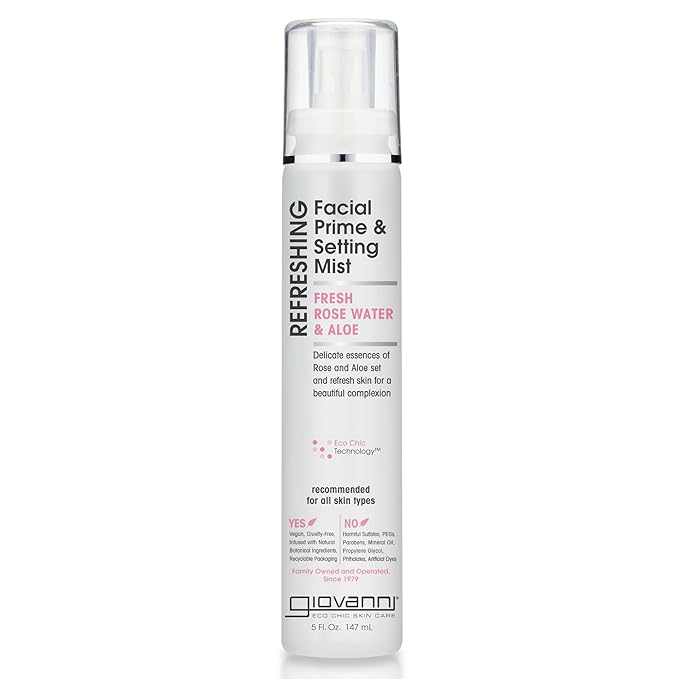 GIOVANNI Refreshing Facial Prime Setting Mist - Fresh Rose Water Spray For Face, Contains Rose Water & Aloe, Refreshing Facial Mist & Primer, Set & Refresh Skin for a Beautiful Complexion - 5 Fl oz