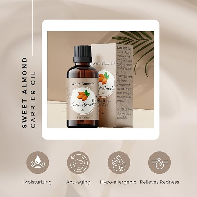 Sweet Almond Oil for Hair and Skin, 100% Pure and Natural Cold Pressed, Hexane Free, Skin Moisturizer, Nails, Massage, Carrier Oil