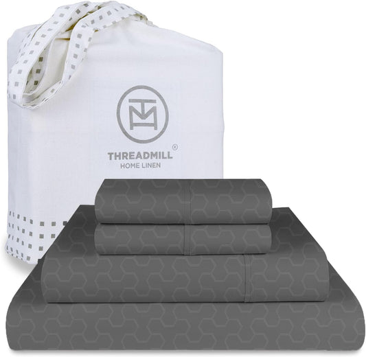 Threadmill 500 Thread Count Full Size 4 Pc Luxury Cotton Sheet Set, Jacquard Floria Dark Grey, Silky Smooth Sheets with 16" Elasticized Deep Pocket, 2 Pillowcases & Free Tote Bag