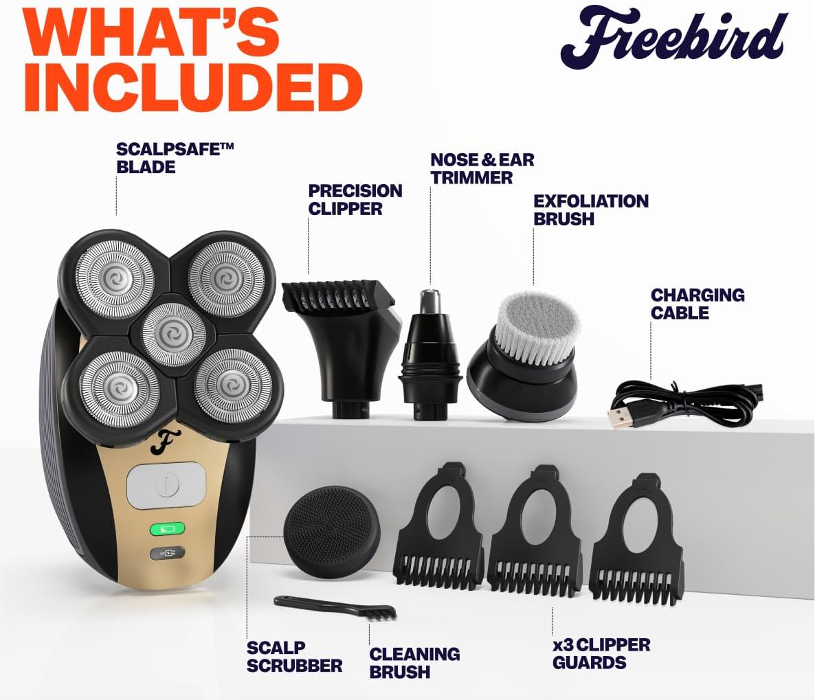 Freebird FlexSeries Electric Head & Body Hair Shaver - Mens Cordless Rechargeable Wet/Dry Skull Bald Head Back & Groin Waterproof Razor with Rotary Blades, Clippers, Nose Trimmer, Brush, Massager