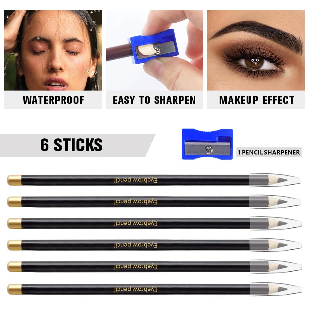 6Pcs Black Eyebrow Pencils for Women,Wooden Hard-Core Eyebrow Eyeliner Pencil,Sharpener Included,Long Lasting Waterproof Sweat-proof Create a Natural Eye Brow Makeup,Beginner Brow Pencil,Cruelty-Free