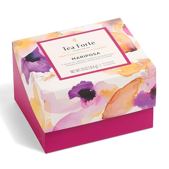 Tea Forte Mariposa 3-Piece Premium Mother's Day Tea Gift Set with Rose Pink Cafe Cup and Lid, Tea Tray and 10 Count Mini Presentation Box, 2 of Each Blend Handcrafted Pyramid Infuser Tea Bags