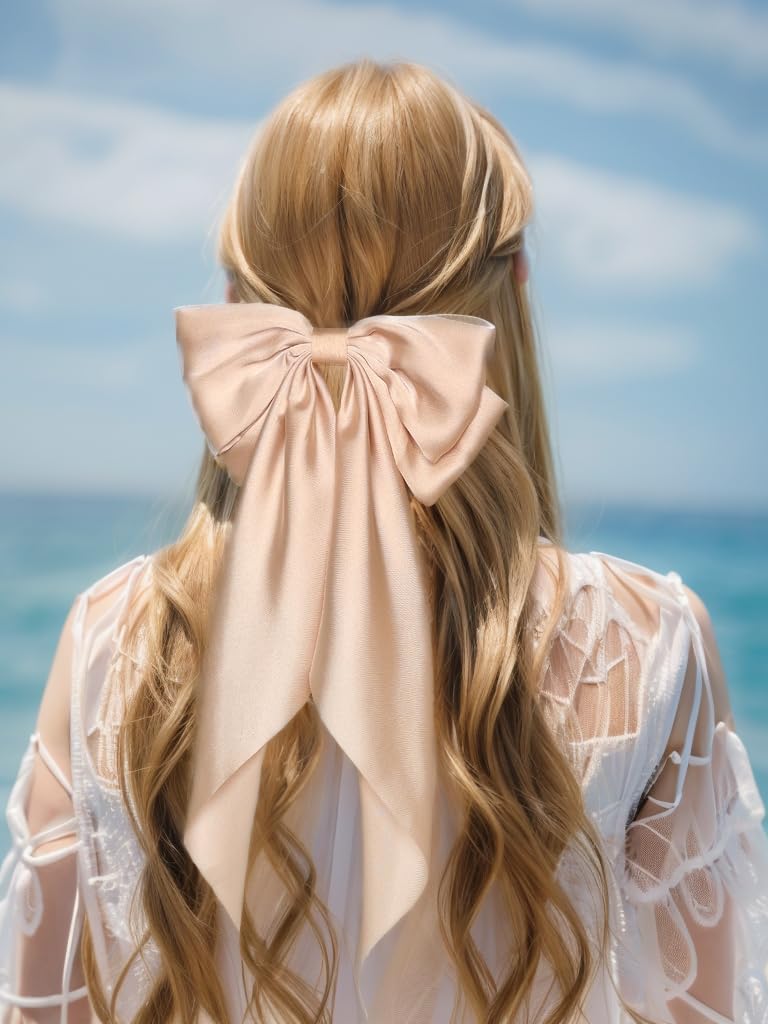 Big Bow Barrettes and Satin Hair Pins with Long Ribbon Tails - Party and Casual Hair Accessories for Women and Girls in Apricot