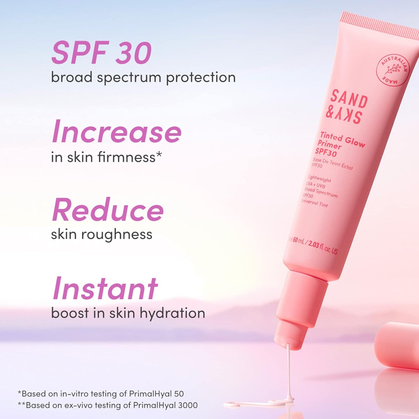 Sand & Sky Tinted Glow Primer SPF 30 Sunscreen - Australian Made Daily Hydrating Makeup Primer with Broad Spectrum Sun Protection & Sheer Rosy Tint | Improves Pigment, Firms Skin, Minimizes Roughness