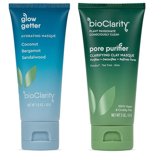 BioClarity Face Mask Set | Includes Clarifying and Hydrating Masks for Soft, Smooth, Refreshed Skin | 100% Vegan Ingredients | With Coconut, Bergamot, Sandalwood, Tea Tree, Aloe, and Floralux