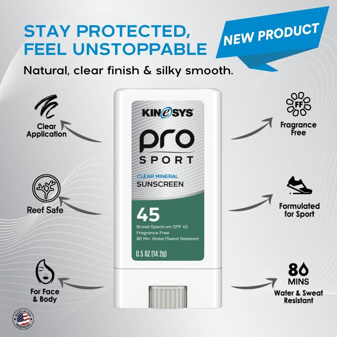 KINeSYS Pro Sport Clear Mineral Sunscreen Stick SPF 45 | SPF Stick Sunblock for Adults & Kids | Broad Spectrum Sun Protection | Water Resistant Travel Size Sunscreen for Face, Body & Vacation | 0.5 Oz