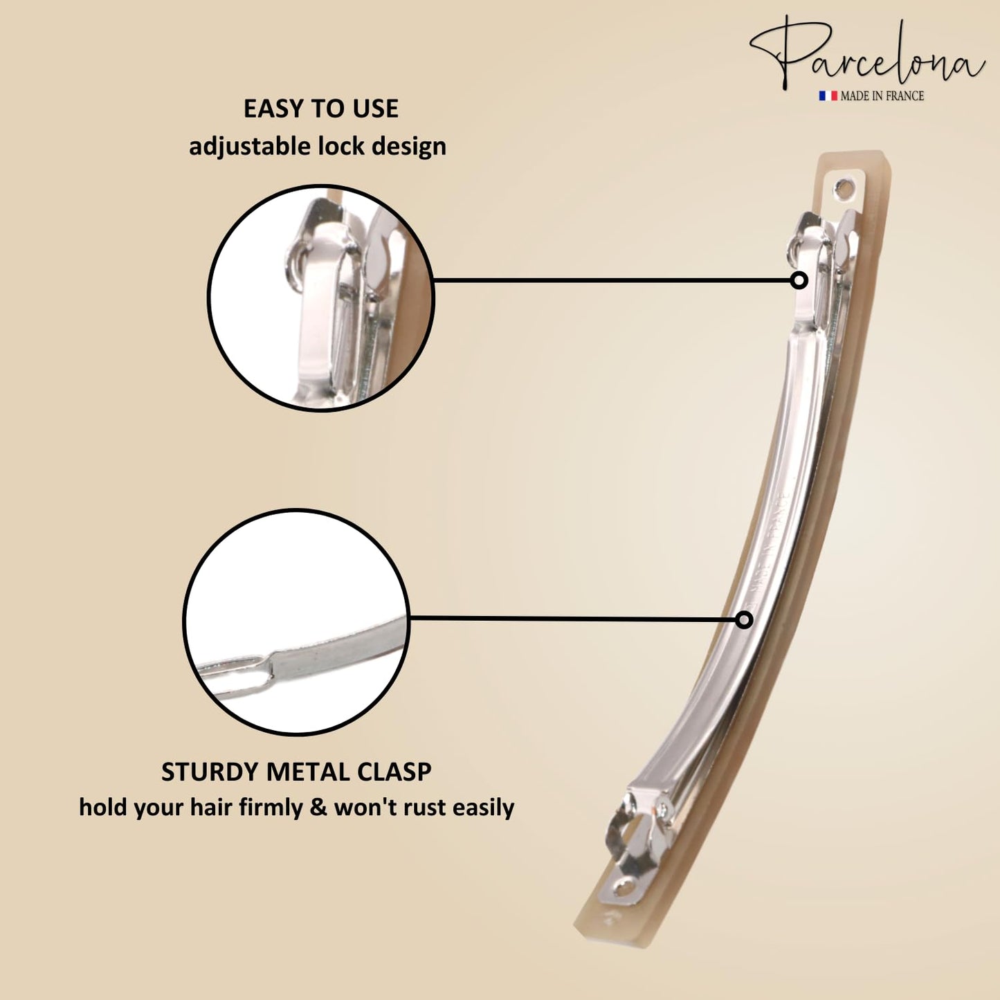 Parcelona French Long and Thin Large 4" Beige Brown Celluloid Automatic Hair Clip for Girls Strong Hold No Slip Grip Hair Claw Clips for Women, Made in France