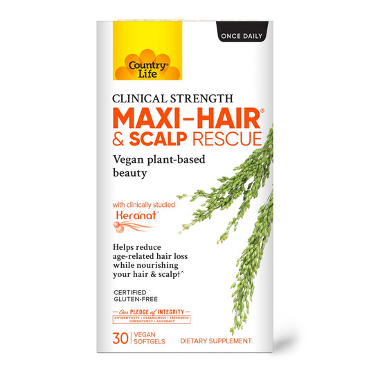 Country Life Maxi-Hair & Scalp Rescue, Clinical Strength Plant-Based Beauty, 30 Softgels, Gluten Free
