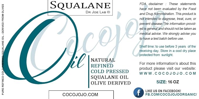 Dr Joe Lab Squalane Oil Pure Plant Derived Refined Cold Pressed Squalene From Olives Vegan Undiluted Bulk Carrier Oil for Face Skin Hair Body Cosmetics Natural Cleanser Moisturizer (16 oz)