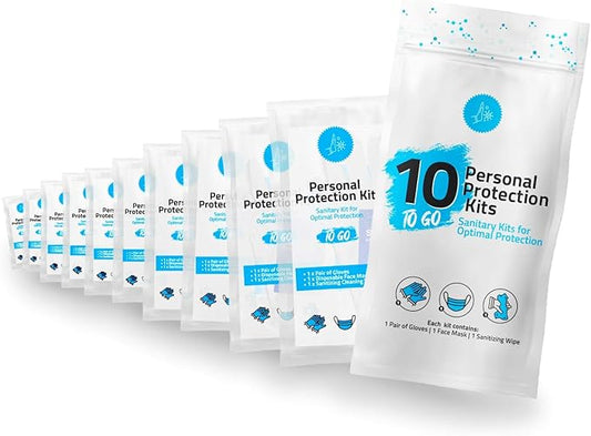 All-in-One Personal Protection Kits to GO - 10 Pack - With Plastic Gloves, Hand Cleansing Wipes, Disposable Face Mask