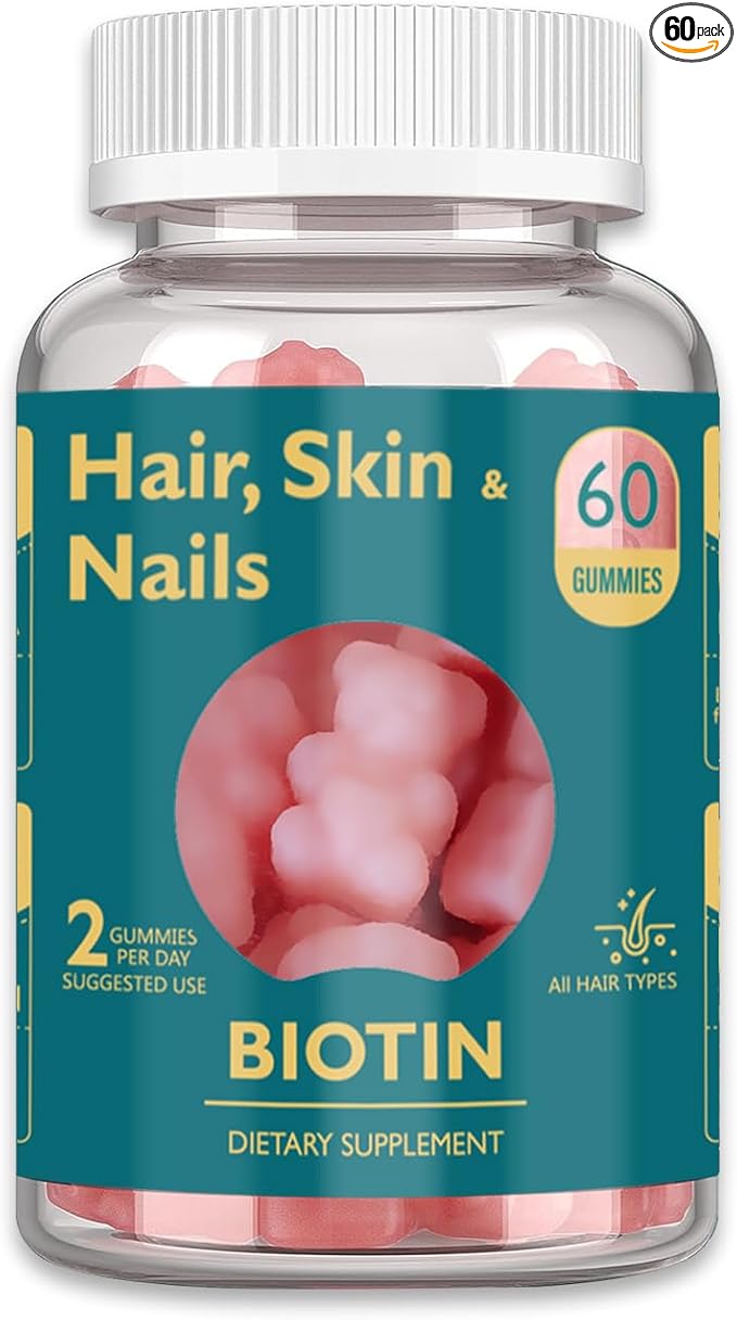 Hair Skin and Nails Gummies -Vegan Vitamins B7, Supports Hair Growth and Stronger Nails for Women & Men, Healthy Skin, 30 Day Supply, 60 Count, Strawberry Flavor