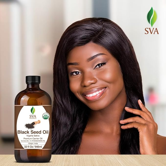 SVA Black Seed Oil Organic - 32 Fl Oz – 100% Natural Cold Pressed Organic Black Seed Oil - for Face, Skin Care, Hair Care, Scalp Massage & Body Massage – Carrier Oil