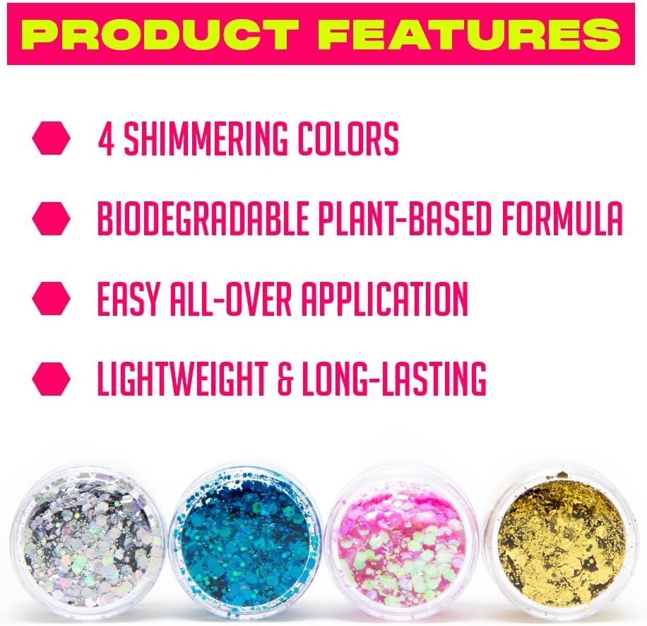 Biodegradable Glitter Makeup | Face Glitter, Hair Glitter, and Body Glitter | Plant Based Glitter Makeup for EDM Rave Music Festivals and Cosplay | Chunky Glitter Multicolor 4 Pack