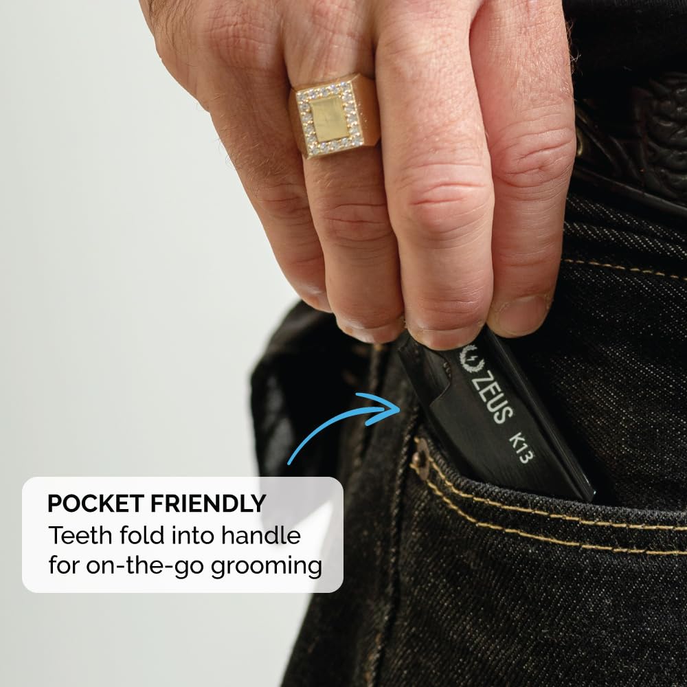 ZEUS Folding Mustache Comb for Men, Handmade Saw-Cut Pocket Comb for Men’s Beard & Moustache Grooming, Compact & Travel Friendly (Traditional) K11