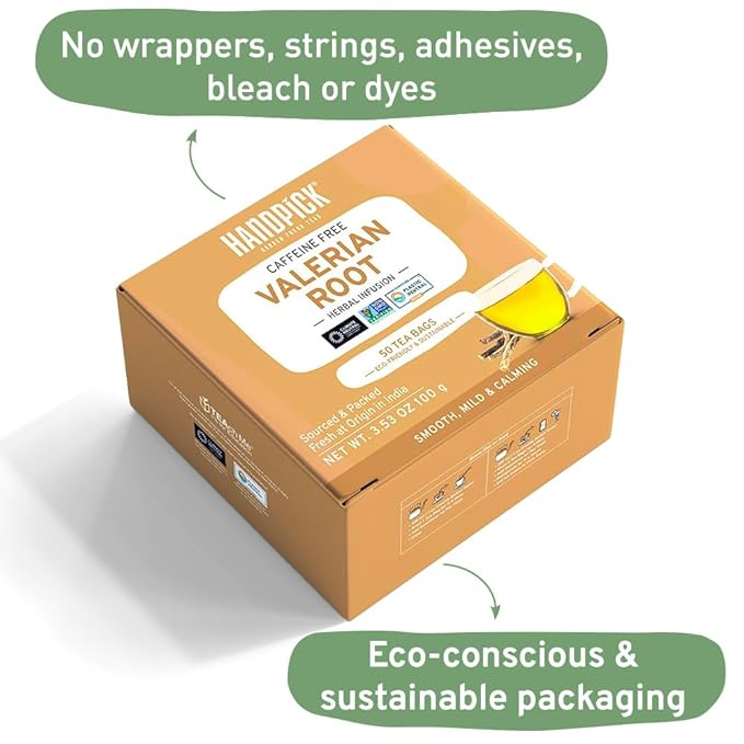 HANDPICK, Valerian Root Tea Bags (Valeriana) 50 Count | Non-GMO, Caffeine Free, Real Ingredients | Earthy/Woody Herbal Tea Bags | Round Eco-conscious Tea Bags